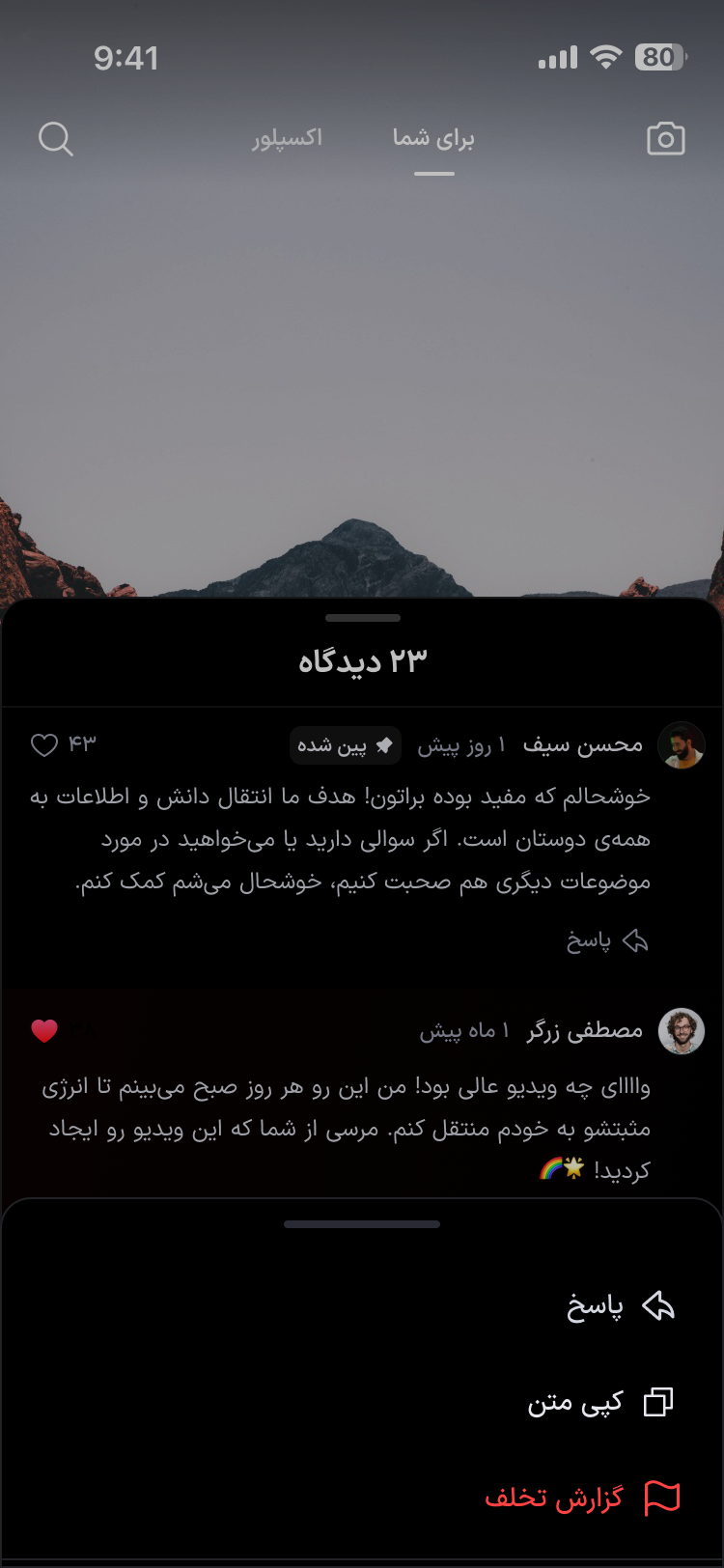 منوی کنش‌های دیدگاه برای کاربر عادی