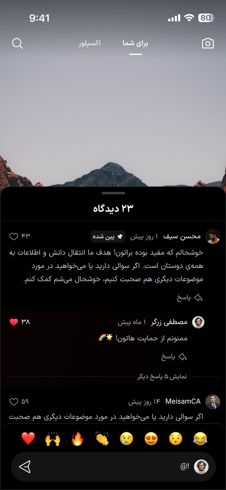 فهرست دیدگاه‌ها به‌همراه پاسخ‌ها، دیدگاه پین‌شده و ری‌اکشن‌ها
